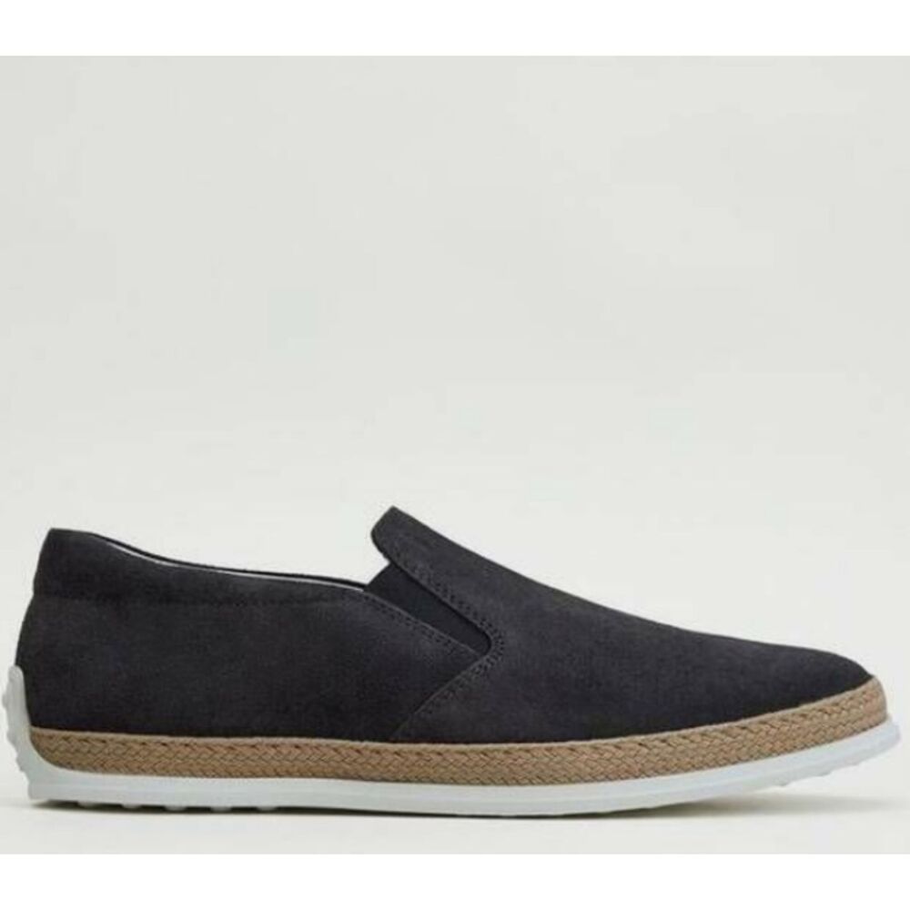 Tods Black Suede Rope Edge Mens Elasticated Side Panel Flat Rubber Loafer Sz 6